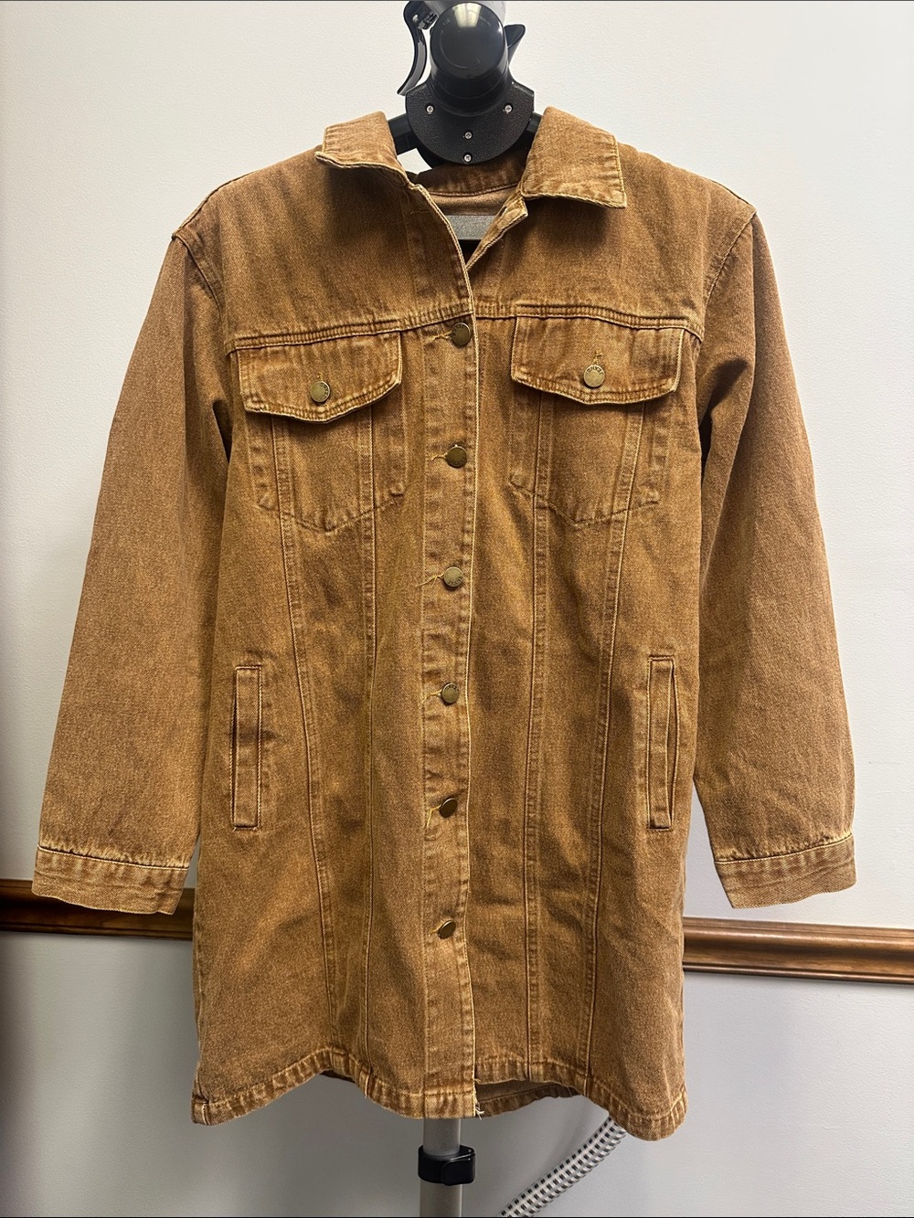 Long Casual Women's Denim Jacket in Caramel Brown